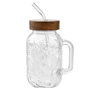 💕 New Pioneer Woman Palmer 32 Oz Glass Tumbler with Wooden Lid and Straw